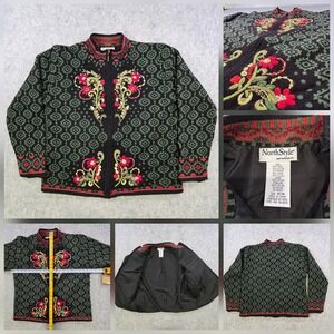 NorthStyle Sweater Womens Medium Black Wool Fair Isle Floral Embroidered Boho